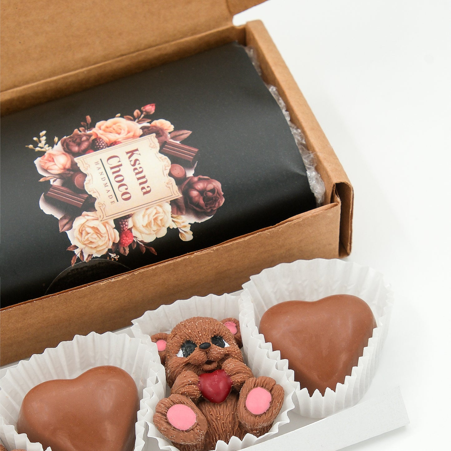 Luxury Belgian Chocolate Gift Box - Hazelnut Cream Filled Bear & Hearts (4 Pcs)