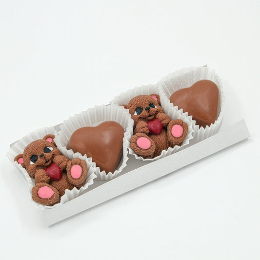 Luxury Belgian Chocolate Gift Box - Hazelnut Cream Filled Bear &amp; Hearts (4 Pcs)