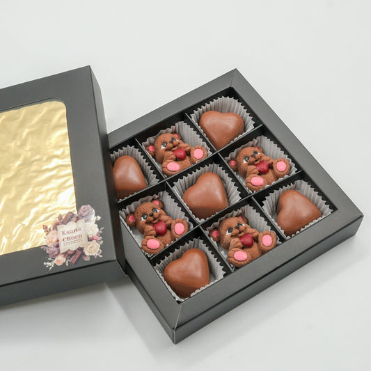 Luxury Belgian Chocolate Gift Box - 9 Pcs Bear &amp; Heart Hazelnut Cream Edition